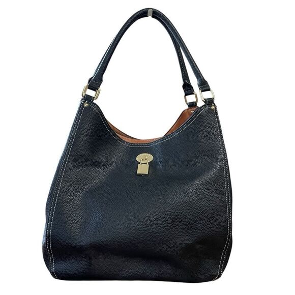 London Fog Textured Pebbled Leather Handbag Purse Black With White Stitching - Picture 1 of 14